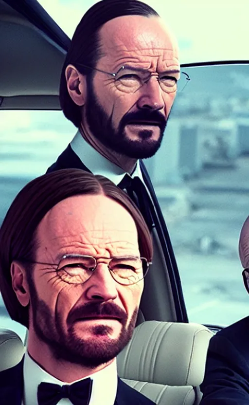 Image similar to img _ 1 4 2 4. jpg. walter white and john wick selfie. candid, looking at camera, snapchat, instagram, hashtags, accidental selfie, front camera, tiktok, popular, realistic, real life