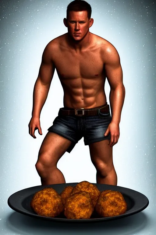 Prompt: a full body shot of channing tatum as half human and a tater tot on a plate, ef 8 5 mm f 1. 8 usm, bionic scifi alexandre ferra, hyper detailed, digital art, trending in artstation, cinematic lighting, studio quality, smooth render, unreal engine 5 rendered, octane rendered