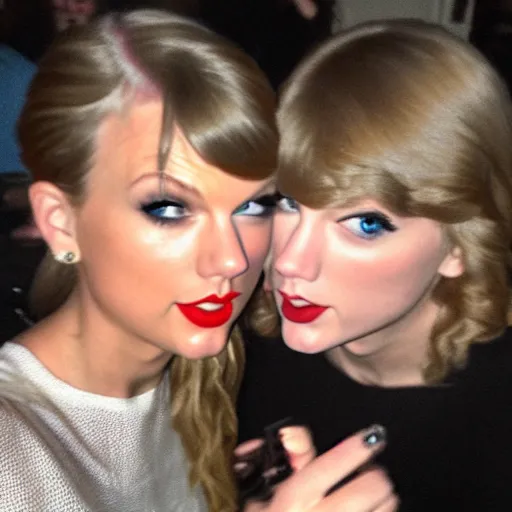 Image similar to a selfie of taylor swift and taylor swift, medium shot, detailed eyes,