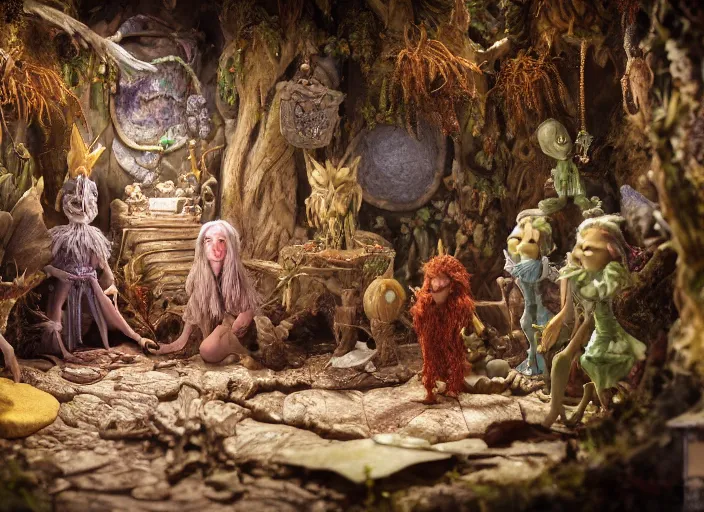 Prompt: studio photography of a fantasy claymation diorama of the dark crystal, zeiss lens, detailed, by erwin olaf, joop geesink, wes anderson, jim henson, brian froud, breathtaking, 8 k resolution, extremely detailed, beautiful, establishing shot, realistic materials, weta digital fx manuka, unreal engine, hyperrealistic