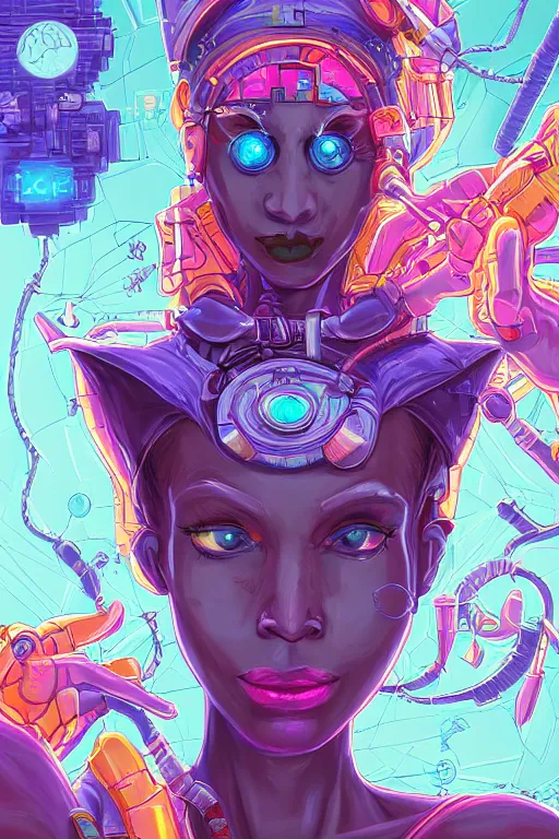 Image similar to portrait of jewel djinn catgirl crazy engineer in the style of Rob Lefield and Dan Mumford , trending on artstation, digital art,surrealism ,macro,blueprint ,vaporwave ,