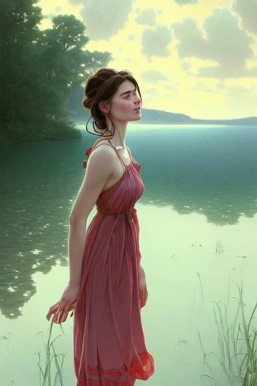 Image similar to portrait of a beautiful woman wearing a sundress at a lake, looking at camera, d & d, nice outfit, long hair, intricate, elegant, stylish, realistic, extremely detailed, digital painting, artstation, concept art, smooth, sharp focus, illustration, ambient lighting, art by artgerm and greg rutkowski and alphonse mucha and simon stalenhag