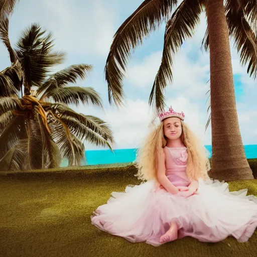 Prompt: fluffy long haired ragdoll cat wearing princess dress and crown sitting on beach with palm trees