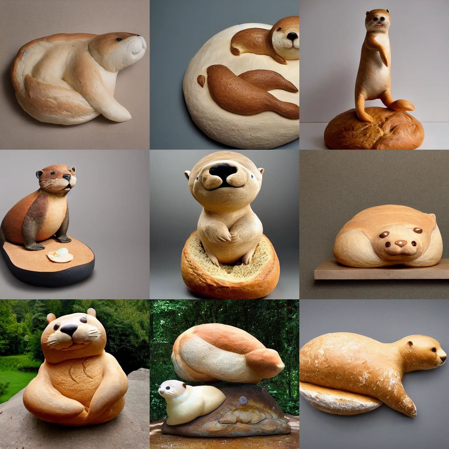 Prompt: sourdough bread sculpture of a chubby otter swimming, dough sculpture, animal - shaped bread, swimming otter, photograph