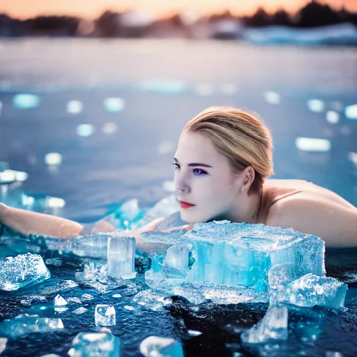 Prompt: a photo of a female swimming in a block of ice, 5 0 mm lens, f 1. 4, sharp focus, ethereal, emotionally evoking, head in focus, volumetric lighting, 8 k