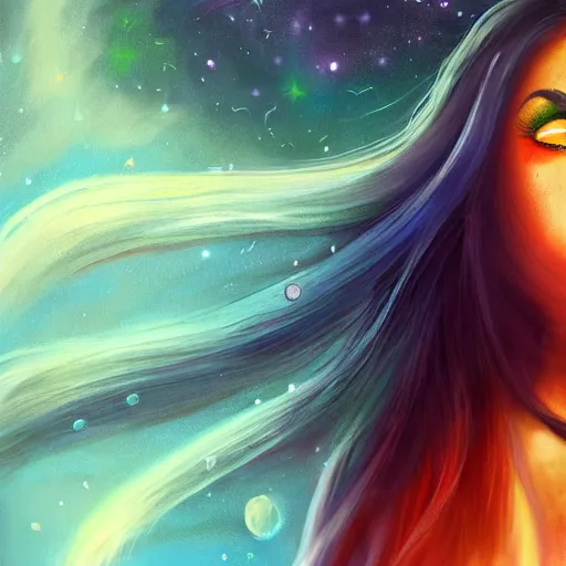 Image similar to Woman demon with long hair looks at the sky .Cosmic hair with constellation. Big eyes, small nose, smile. scales on cheeks. Night light. Oil LiveSuperdetailation, 4k, wow, artstation trending. paint strokes.