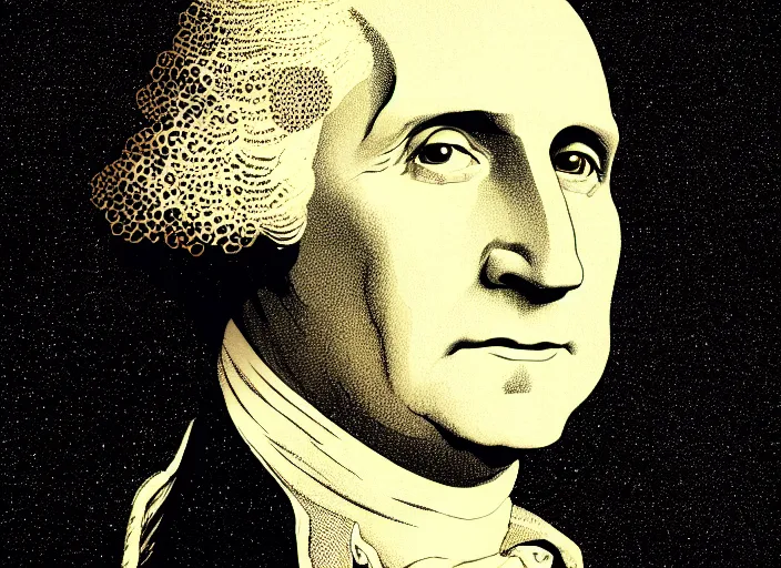 Image similar to illustrated portrait of george washington, colorful, mads berg, karolis strautniekas, christopher balaskas, stippled light, low fog, moody, fine texture, editorial illustration, dramatic lighting, dynamic composition, detailed, matte print, muted color, ( ( victo ngai ) ), wide angle