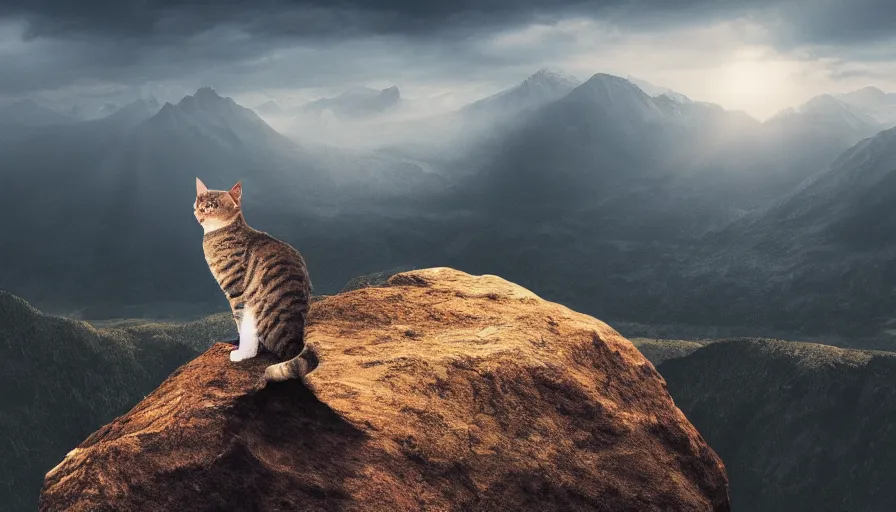 Image similar to a cat standing on the peak of a mountain range, looking far, digital art, epic lighting, epic composition, 4 k