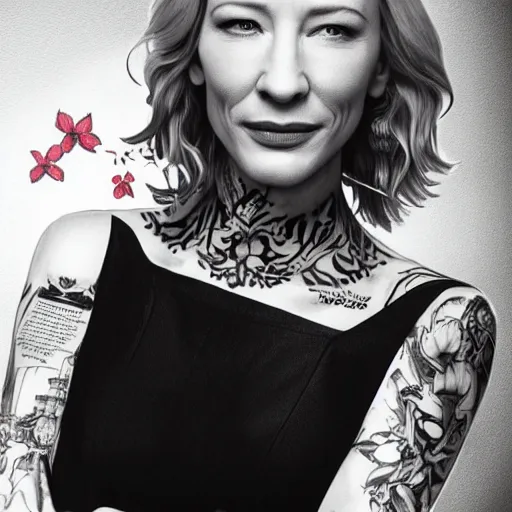 Image similar to full body tattooed cate blanchett,japanese, highly detailed, photorealistic, 4k