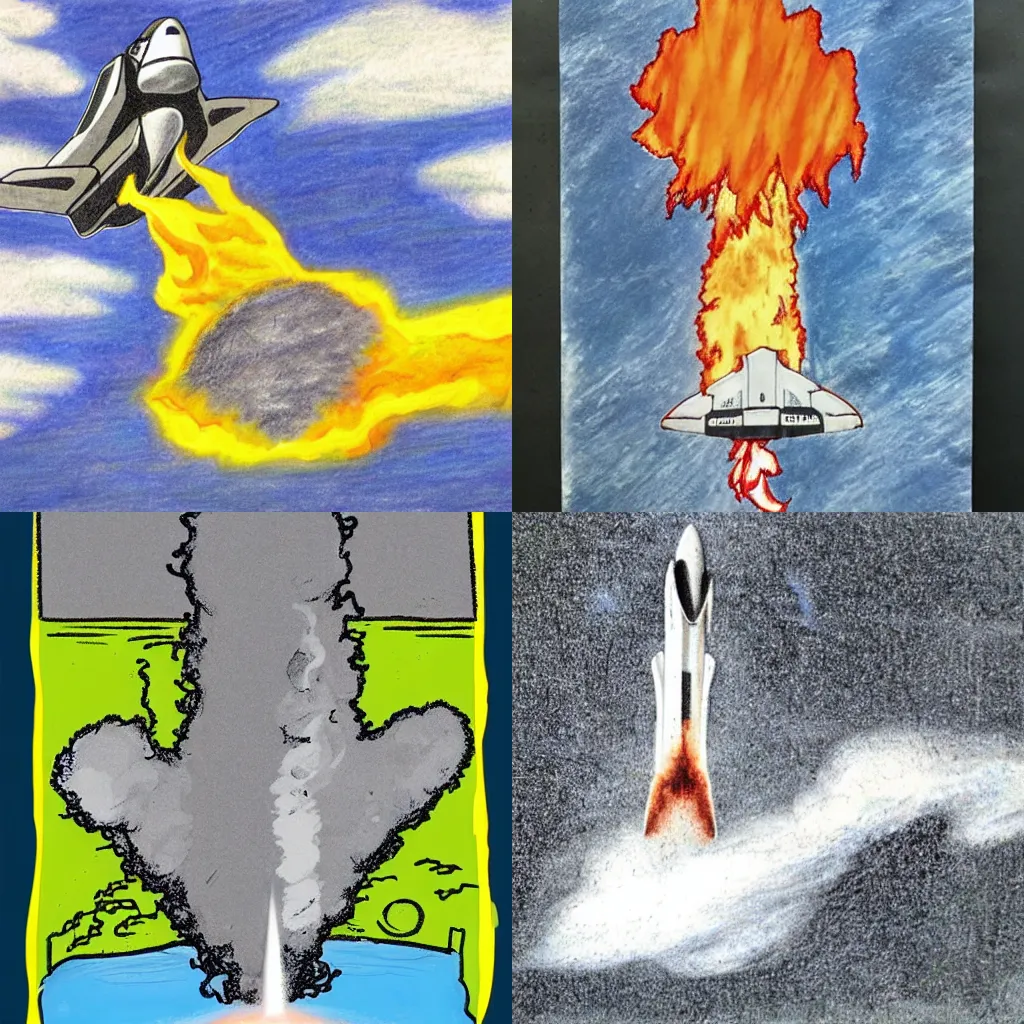 Prompt: challenger shuttle exploding, drawn by kids