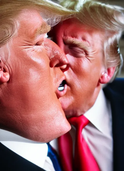 Prompt: beautiful high quality romantic portrait photo of donald trump kissing donald trump. hq. donald trump and donald trump kissing on the lips. two donald trumps kissing each other. donald trump passionately kissing donald trump. clear professional photo.