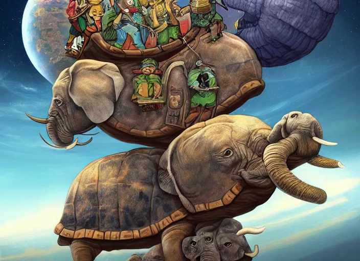 Image similar to discworld, flat earth on top of 4 elephants on top of a giant cosmic turtle flying through space, digital art, artstation, detailed