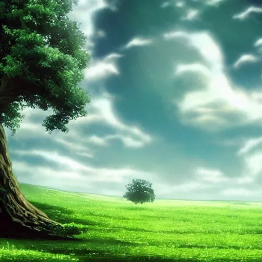 Image similar to big white whale flying near giant tree in the green field, anime, HD,