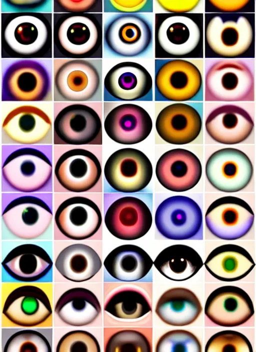 Image similar to diverse eyes!, dot pupils, round pupil, happy human eyes, round iris, advanced art, art styles mix, from wikipedia, grid of styles, various eye shapes