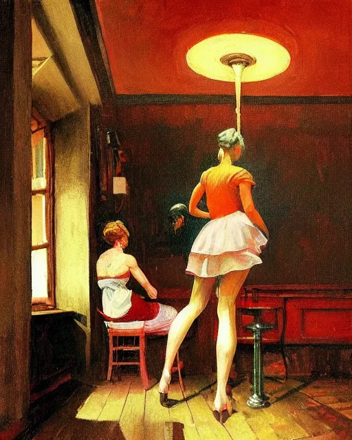 Image similar to a beautiful barmaid, dimly lit cozy tavern in the style of Francis Bacon and Syd Mead and Edward Hopper and Norman Rockwell and Beksinski, open ceiling, highly detailed, painted by Francis Bacon, painted by James Gilleard, surrealism, airbrush, Ilya Kuvshinov, WLOP, Stanley Artgerm, very coherent, art by Takato Yamamoto and James Jean