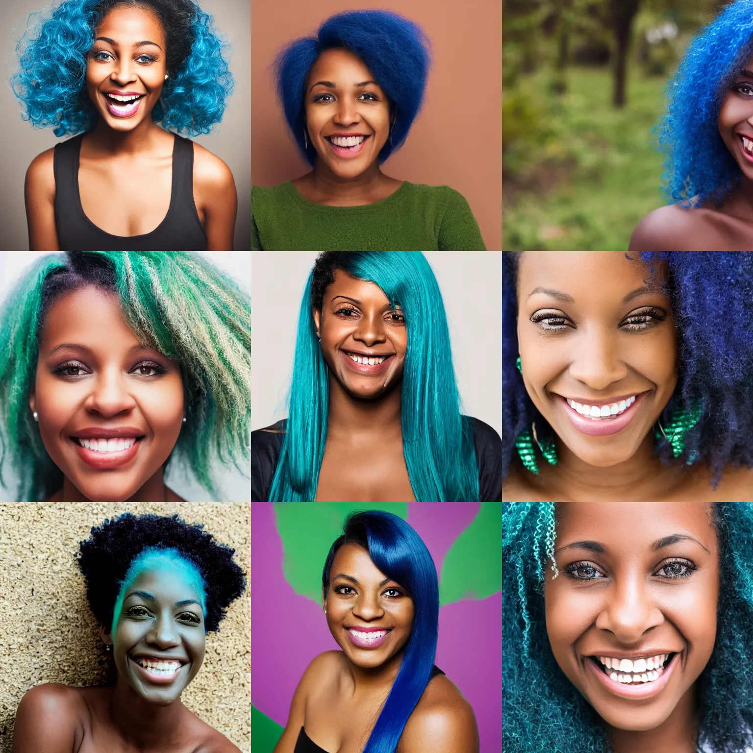 Prompt: photo of a single black woman with blue hair and green eyes smiling, portrait, realistic, photograph