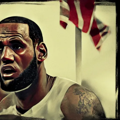 Image similar to lebron james solemn at tea party, melancholy, high detail shot, smoking, render, cgsociety, photorealism