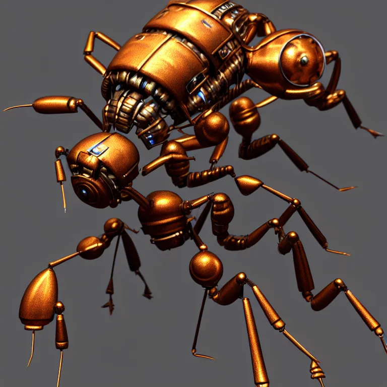 Prompt: steampunk robot ant, 3 d model, unreal engine realistic render, 8 k, micro detail, intricate, elegant, highly detailed, centered, digital painting, artstation, smooth, sharp focus, illustration, boris vallejo