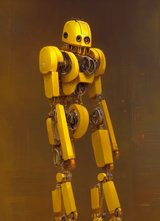 Image similar to human-sized strong intricate yellow pit droid, pancake short large head keetongu, cables, painterly humanoid mecha, by Greg Rutkowski