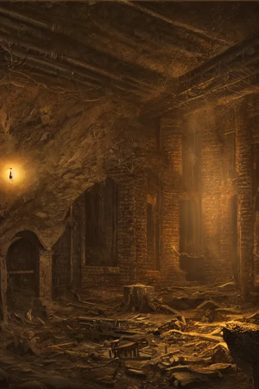 Prompt: matte painting of an explorer with a torch standing in a dark room with old rotting wood facility and treasure chests in a wet underground dungeon in lovecraft style