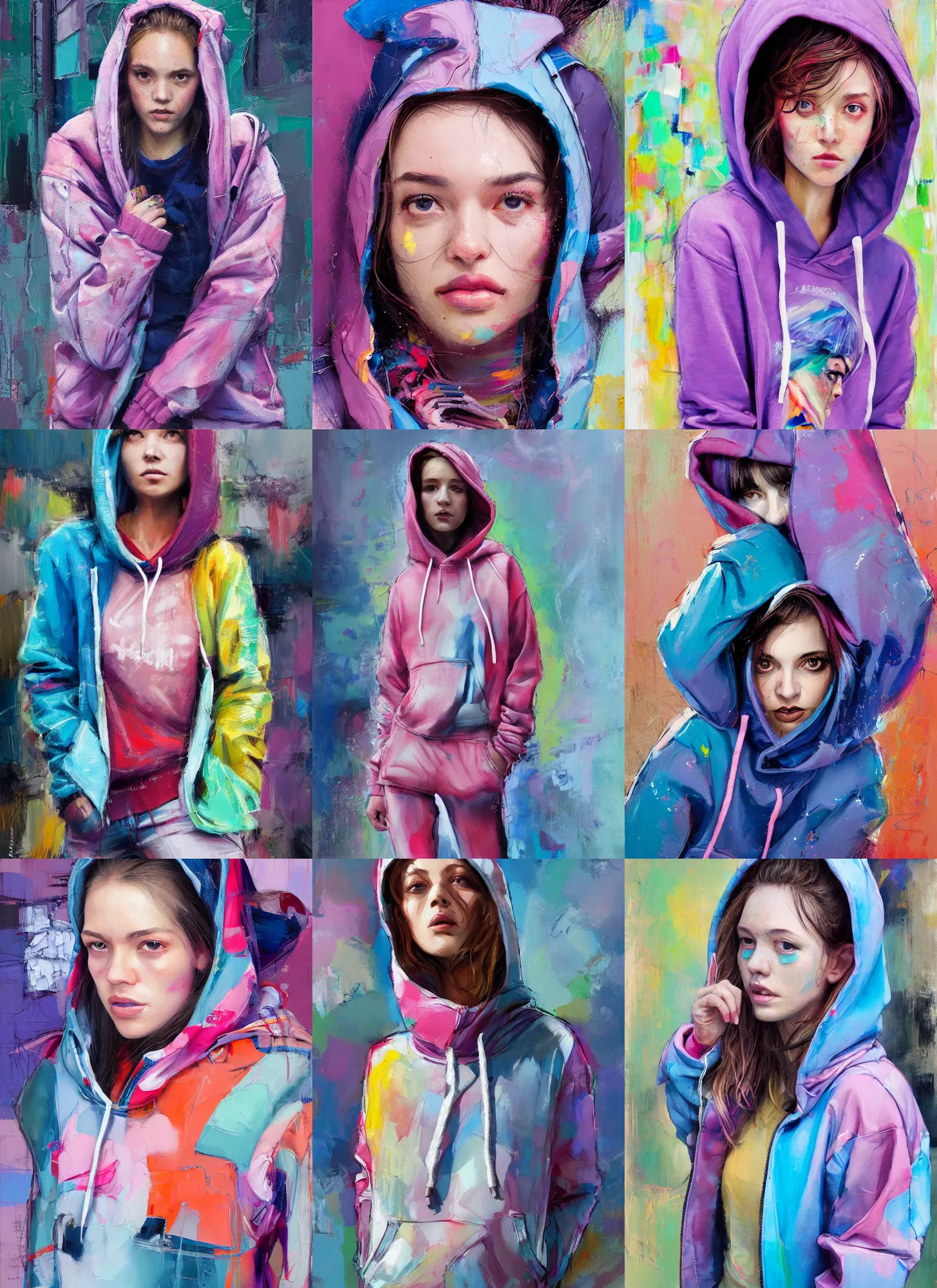 Prompt: gorgeous young woman in the style of stefan kostic, wearing a hoodie, standing in a township street, street fashion outfit,!! haute couture!!, full figure painting by martine johanna, artgerm, wadim kashin, david choe, pastel color palette, sharp focus, detailed, intricate, elegant, 2 4 mm lens