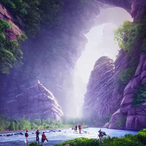 Prompt: river valley with steep rock walls on each side and a constructed stage in the center on top of the river with people putting on a performance, high quality digital art, cinematic lighting, 4 k, concept art