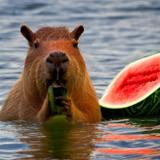Prompt: a capybara swimming in the ocean while eating a watermelon, cinematic shot, sun rays, photo