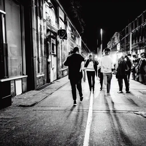 Prompt: Street photography, a group of people leaving a seedy nightclub at 3am, someone is smoking, someone is shouting