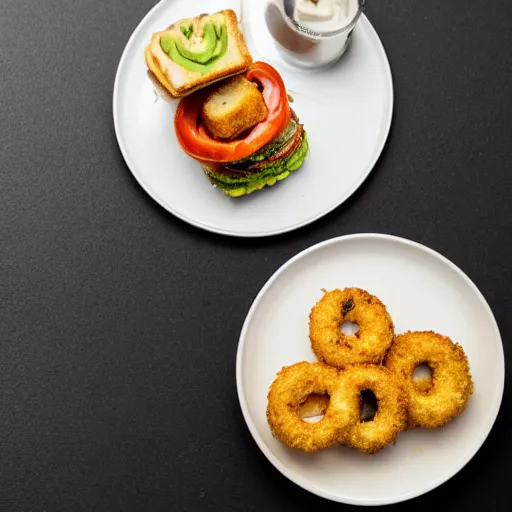 Image similar to sandwich with fried tofu, one red tomato slice, mayonnaise, one fried onion ring, smashed avocado, melted cheddar, in a red dish, background with saturn and stars in the sky