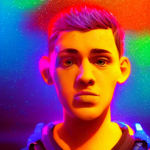 Image similar to cartoon portrait made out of rain, neon colors, rendered in octane, unreal engine, highly detailed, realistic, beautiful, emotional, trending on artstation, epic cinematic scene