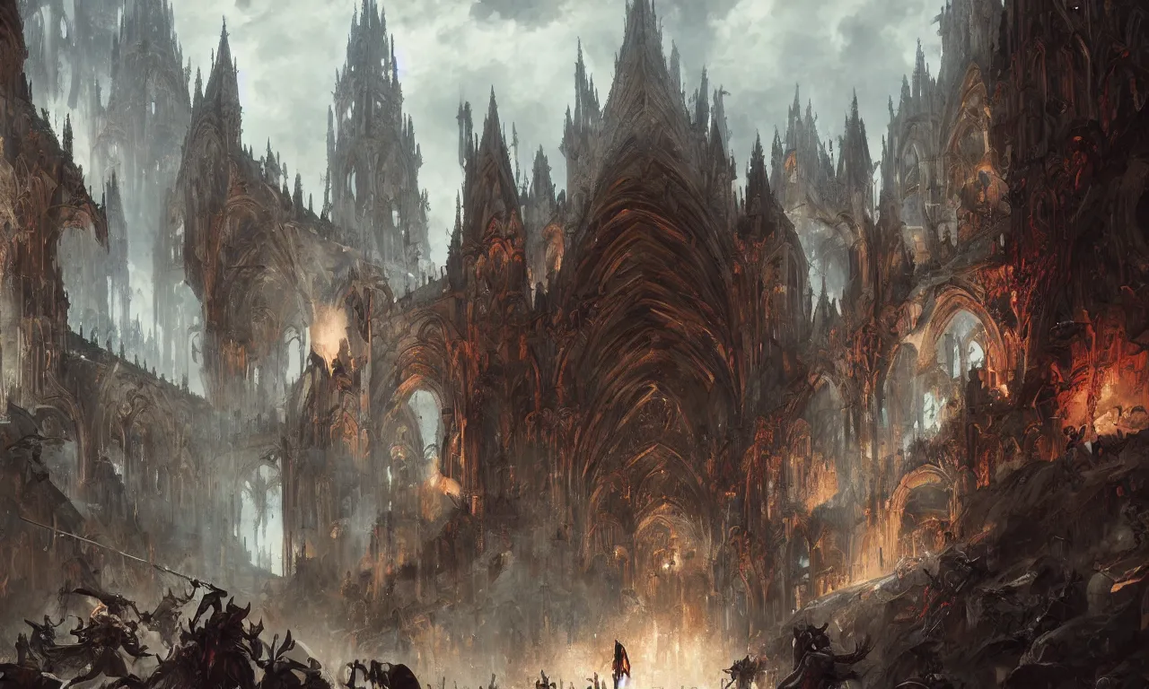 Image similar to epic battle between human warriors mages and demons, cathedrals and abbeys, by greg rutkowski