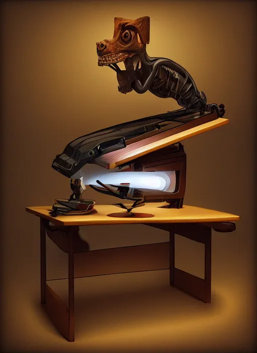 Image similar to anthropomorphic stapler in a desk, naturel, hyper detailed, digital art, trending in artstation, cinematic lighting, studio quality, smooth render, unreal engine 5 rendered, octane rendered, art style by klimt and nixeu and ian sprigger and wlop and krenz cushart.