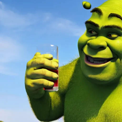 Image similar to shrek drinking alcohol on a beach