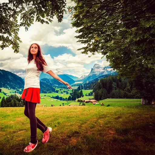 Image similar to a beautiful photograph of a girl with switzerland landscape in the background with trees, hdr, 8 k, high quality, sharp focus, artstation, highly detailed, award - winning, dramatic lighting, beautiful clouds, and nature