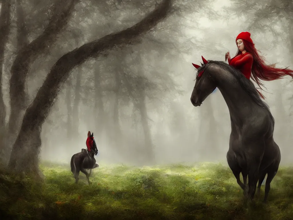 Prompt: a female beauty with red cap rides on a strong black horse slowly through a dense misty green oak and beech forrest, rays of life, cinematic, fantasy art, moody morning light, cryengine, trending on artstation, by cynthia sheppard, by naoto hatori, by tyler jacobson, by john howe, by ridley scott, by peter jackson, by chris rahn