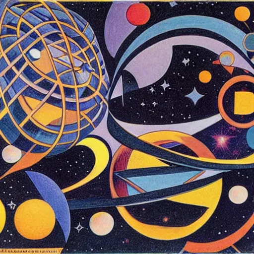 Prompt: Liminal space in outer space by M.C. Escher, vibrant colors