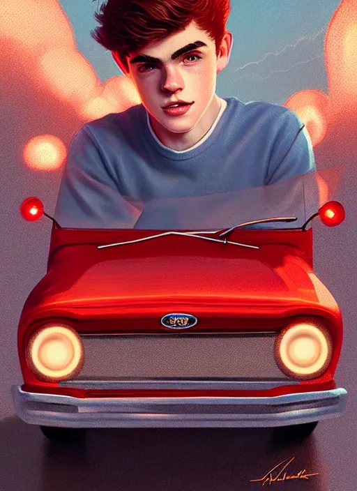 Image similar to teenage archie andrews, in a red ford model t, intricate, elegant, glowing lights, highly detailed, digital painting, artstation, sharp focus, illustration, art by wlop, mars ravelo and greg rutkowski