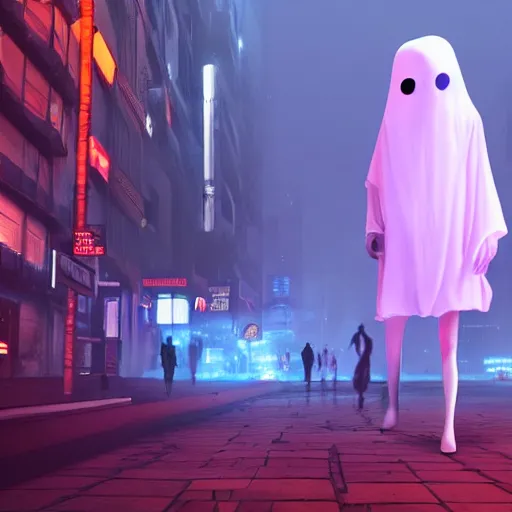 Image similar to Halloween ghost under a sheet, floating ghost, smoking a cigarette, floating over futuristic metropolis sidewalk, at night, bright neon city lights, blade runner, trending on artstation, matte finish, volumetric lighting, 8k, 4k