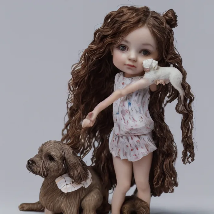 Image similar to 80mm resin detailed miniature of a Girl and a Dog, wavy hair, Product Introduction Photos, 4K, Full body,