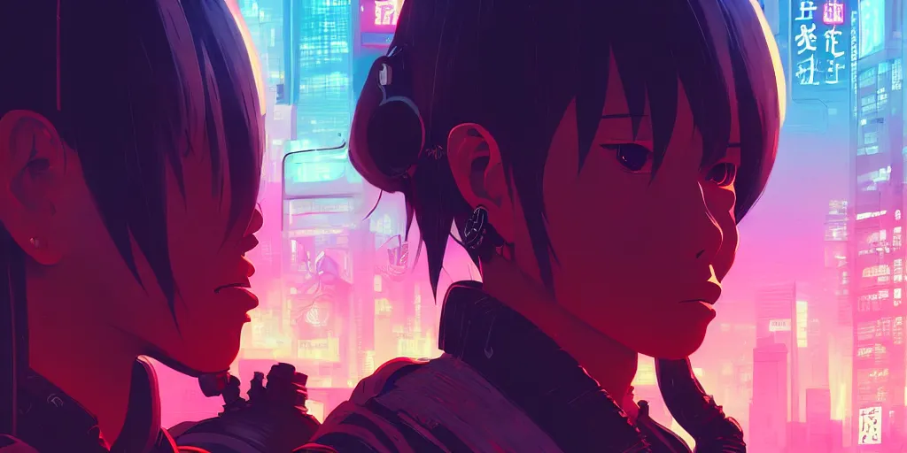 Image similar to digital illustration closeup portrait of cyberpunk samurai in city street at night by makoto shinkai, ilya kuvshinov, lois van baarle, rossdraws, basquiat | afrofuturism, in the style of hearthstone, trending on artstation | cool color scheme