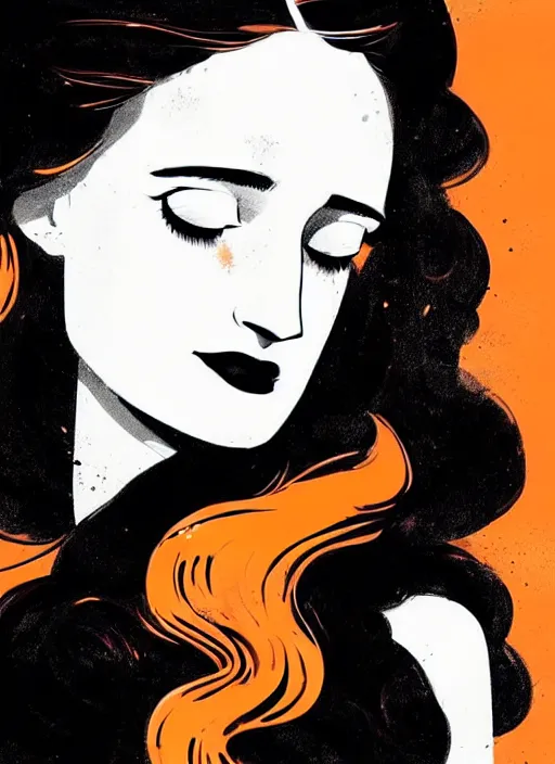 Image similar to highly detailed closeup portrait of beautiful grace gummer as dom dipierro, wavy ginger hair, black dress, by atey ghailan, by greg rutkowski, by greg tocchini, by james gilleard, by joe fenton, by kaethe butcher, gradient orange, black and white color scheme, grunge aesthetic!!! ( ( graffiti tag wall background ) )