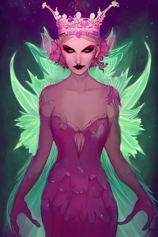 Prompt: vivid colors, bio-luminescent beautiful mysterious evil fairy queen, wearing a crown, in deep black darkness, shining eyes, face by otto schmidt