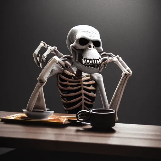 Image similar to smirking good goofy skeleton drinking tea. deep in a dark dungeon. realistic, ray tracing, render 3 d, artstation, masterpiece, hyper realism, sharp focus, dramatic ambient light, close up, cinematic, octane render, noir style