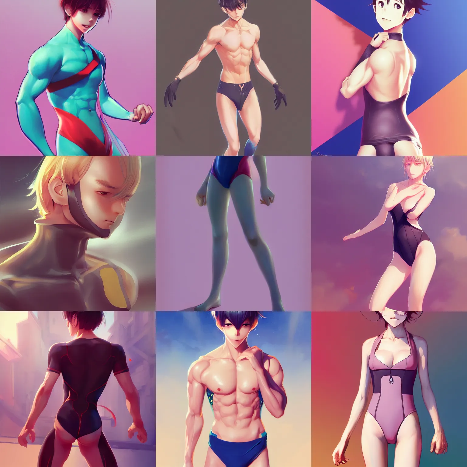 Prompt: illustration of a cute anime boy, wearing a tight swimsuit by Stanley Artgerm Lau, WLOP, Rossdraws, James Jean, Andrei Riabovitchev, Marc Simonetti, and Sakimichan, trending on artstation
