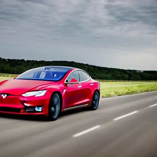 Image similar to A red Tesla Model S rolling coal on the autobahn with a huge black smoke coming from the rear, black smoke, black smoke, rolling coal