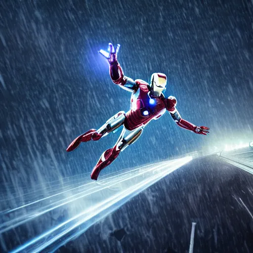 Image similar to A hyperdetailed photograph of a silver suit Iron Man flying through the skies of a cyberpunk, futuristic city, night, dense fog, rain, HD, 8K resolution