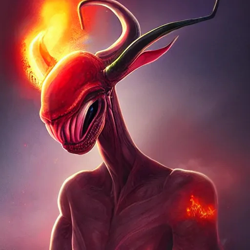 Image similar to realistic alien with horns. red eyes, human eyes, background flames, by ross tran