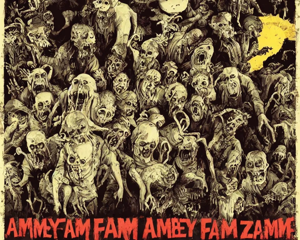 Image similar to a horror movie poster featuring an army of zombie farm animals