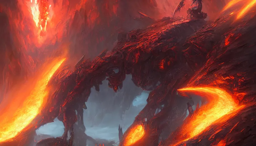 Image similar to a beautiful digital fantasy concept art of a giant electric cyborg dragon sitting on a molten rock, concept art by tyler edlin, james gurney, highly detailed, oil on canvas