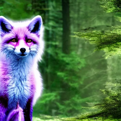 Image similar to a purple fox with a long fluffy and shiny coat sits in the forest on a ufo flying saucer. super realistic photo. clear details